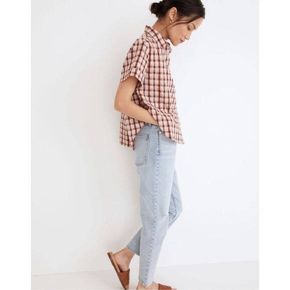 Madewell Seersucker Baybrook Shirt Top Plaid Stained Mahogany XL Short Sleeve - Picture 2 of 11
